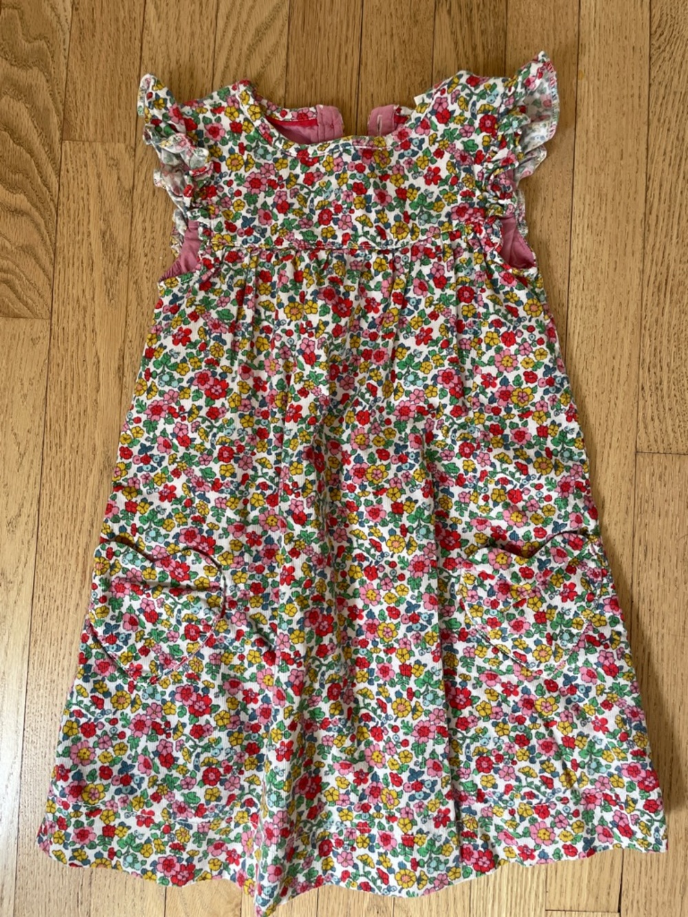 Mini Boden Red, Yellow & Green Floral Flutter-Sleeve Dress